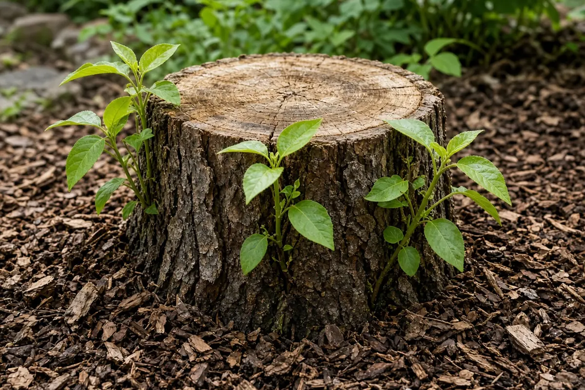 Cut tree stump with fresh green sprouts in wood chip mulch