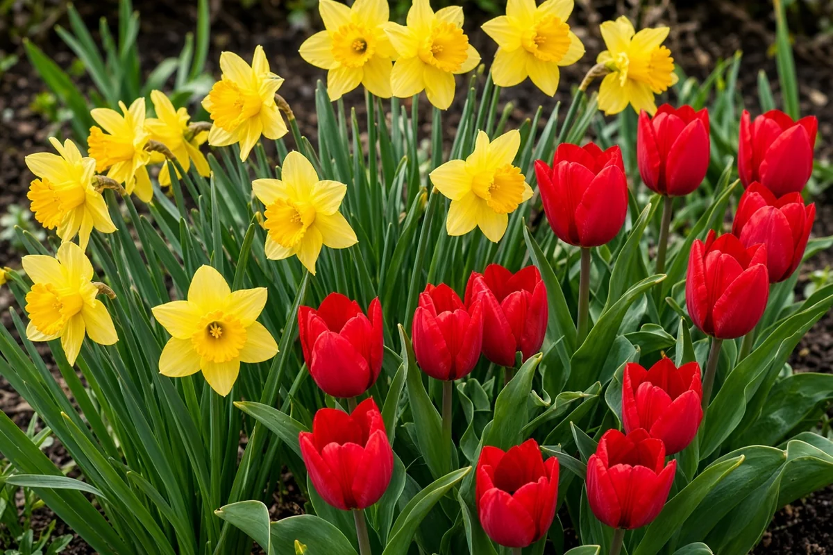 Daffodils and tulips together in a bed