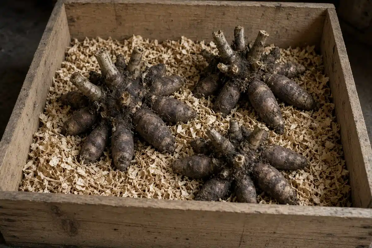 Dahlia tubers stored in a crate