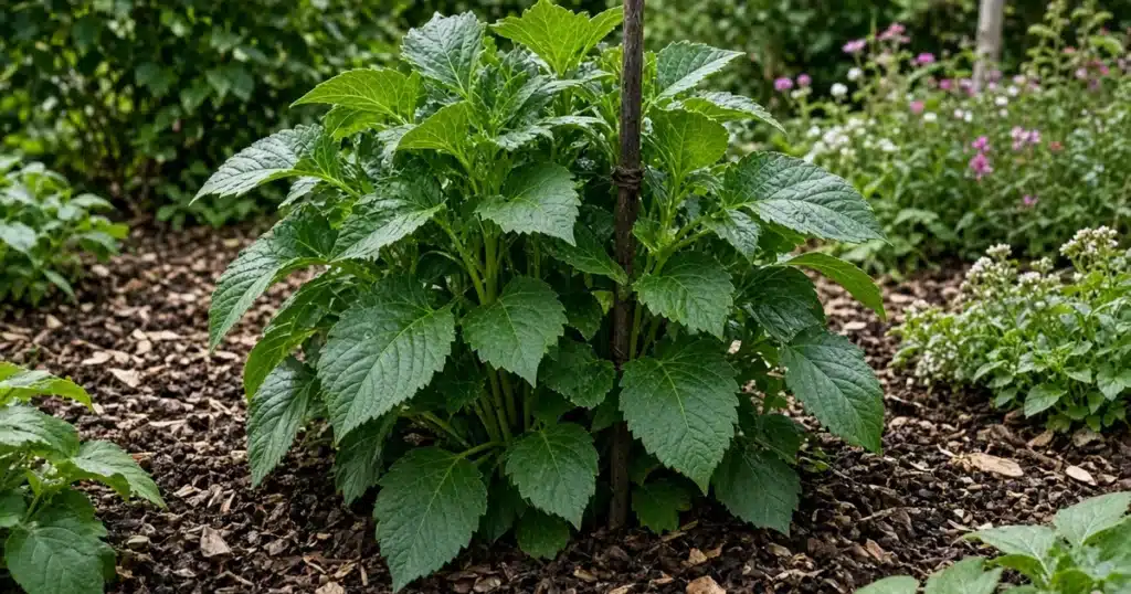 Dahlia plant with lush foliage and no flowers in a garden bed