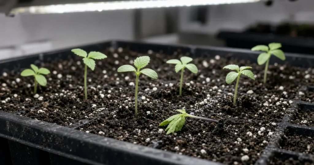 Young cannabis seedlings in a tray with one seedling collapsed at the soil line