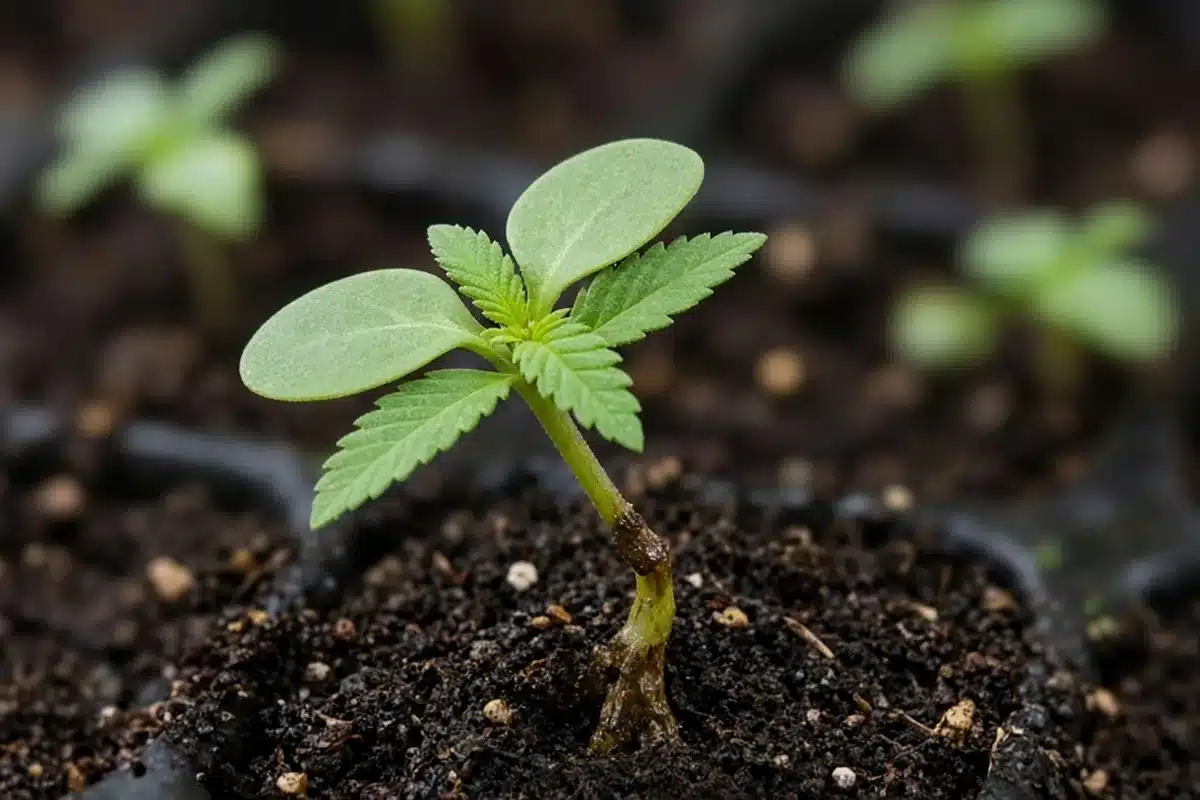 Close view of a cannabis seedling stem pinched and brown at the soil surface