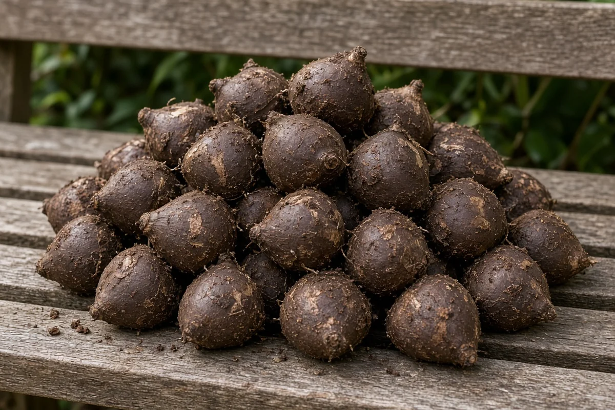 Dark brown water chestnut corms after harvest
