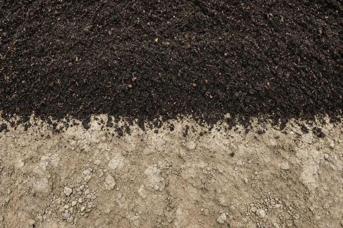Dark compost spread over pale compacted subsoil