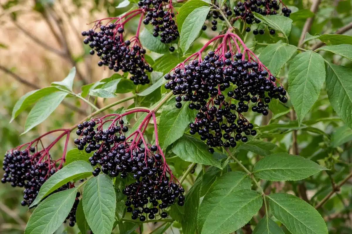 Dark elderberry fruit clusters on a native shrub