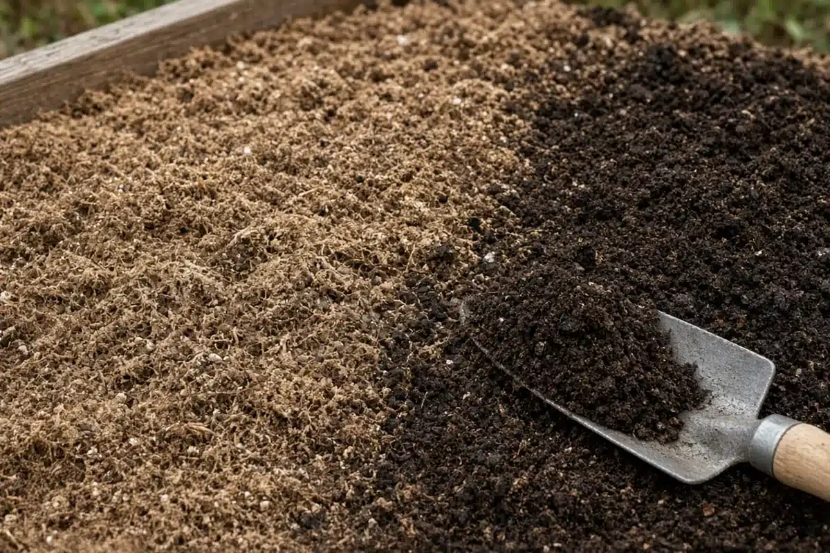 Dark worm castings beside light fibrous potting soil in a raised bed with a trowel