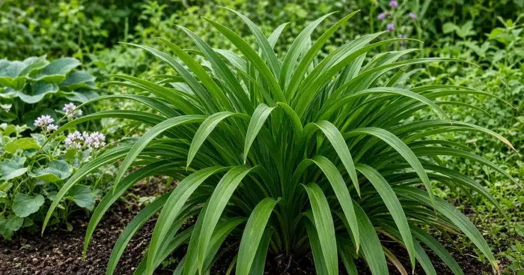 Clump of daylily leaves with no flower stalks in a garden