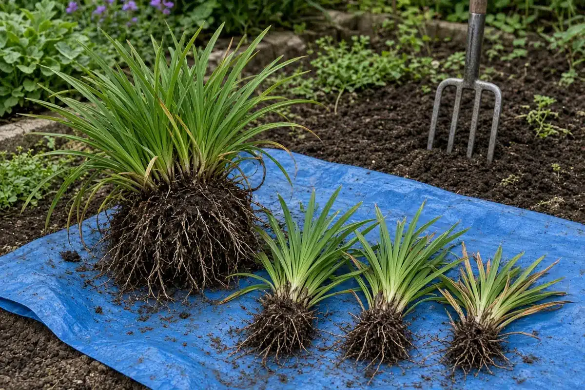 Daylily clump being split into smaller fans on a tarp