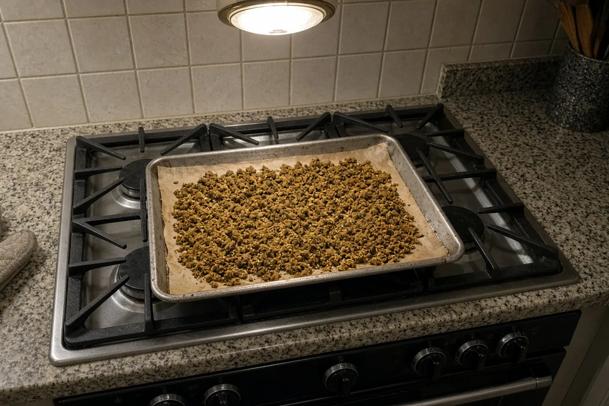 Decarboxylated cannabis on a baking tray
