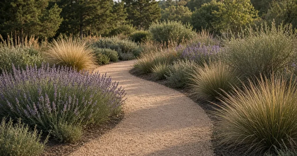 Tan decomposed granite path curving through a garden
