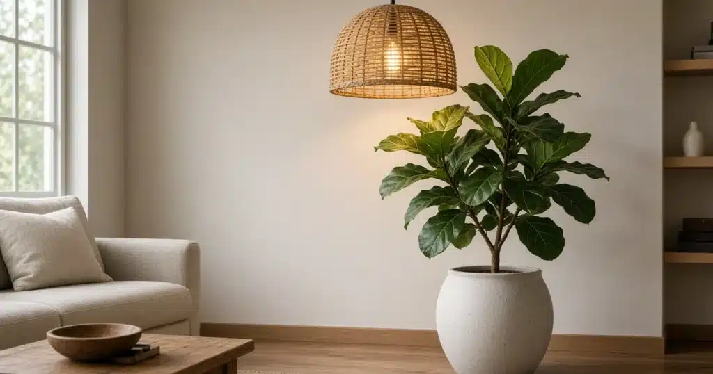 Pendant grow light hanging above a large houseplant