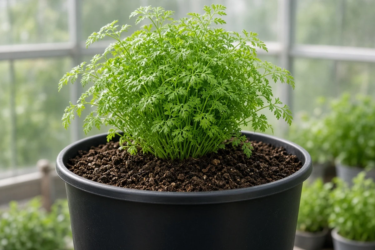 Deep media bucket with feathery chervil leaves