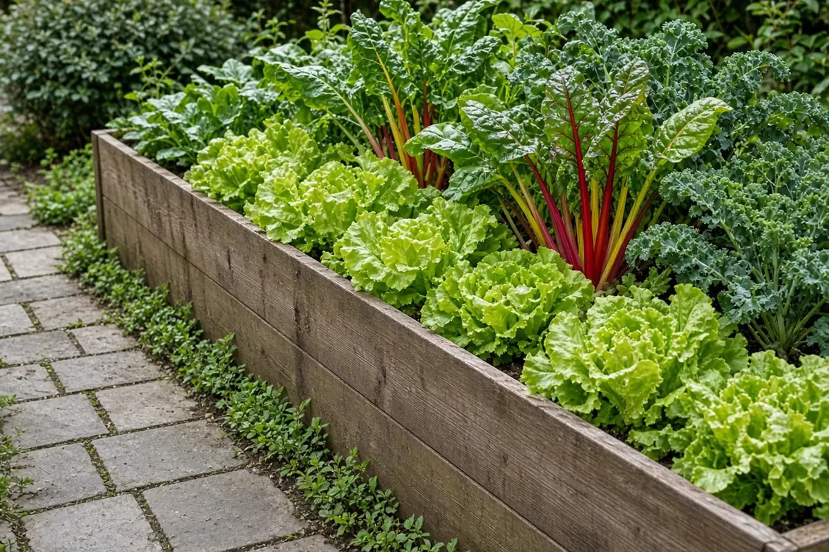 Deep raised bed with greens beside a paved path
