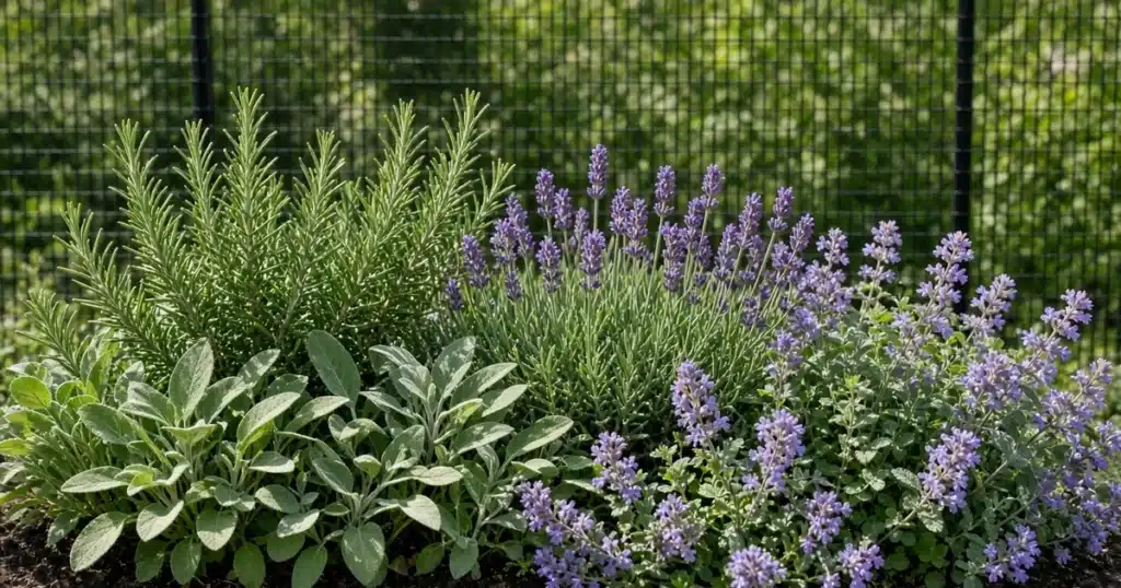 Aromatic herbs growing near a deer fence