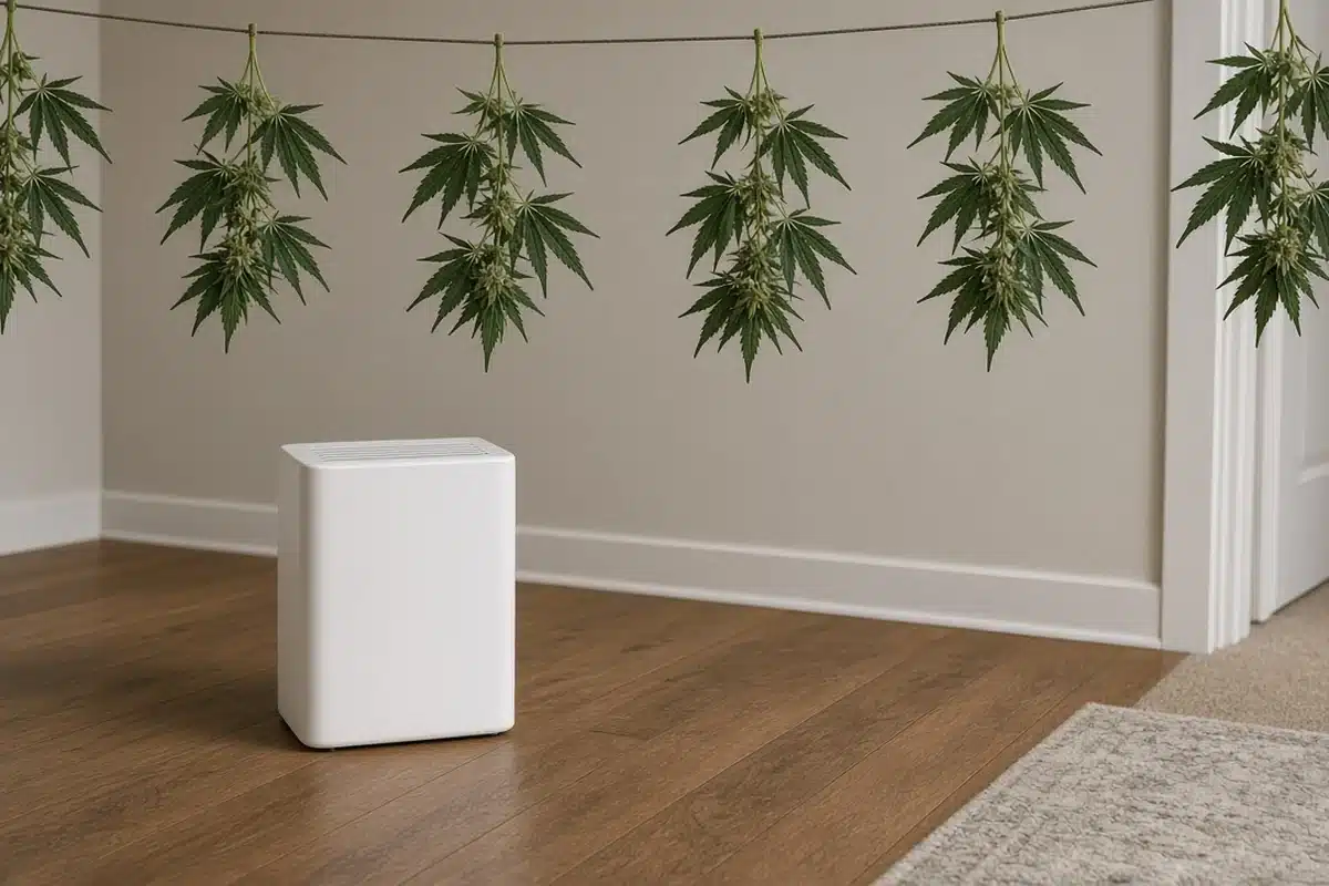 Small dehumidifier on the floor of a spare room below cannabis branches hanging on a drying line