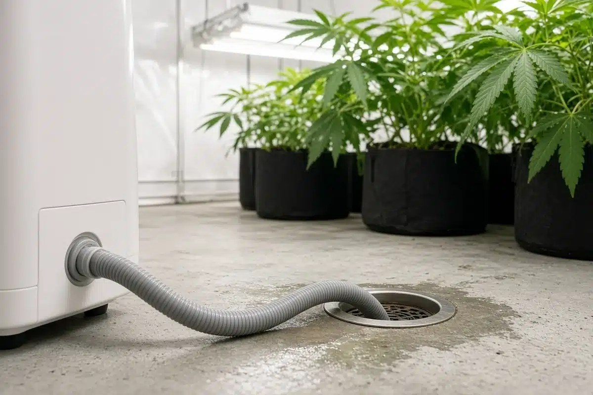 Dehumidifier drain hose running from the unit to a floor drain in a grow room