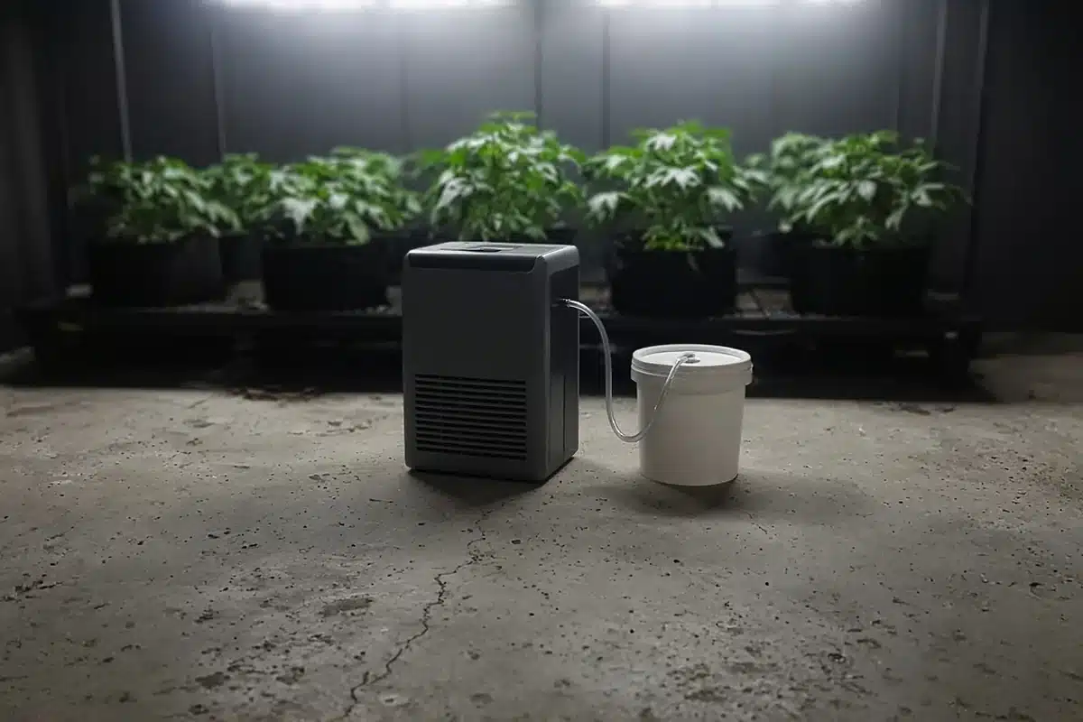 Dehumidifier running in a cannabis grow room