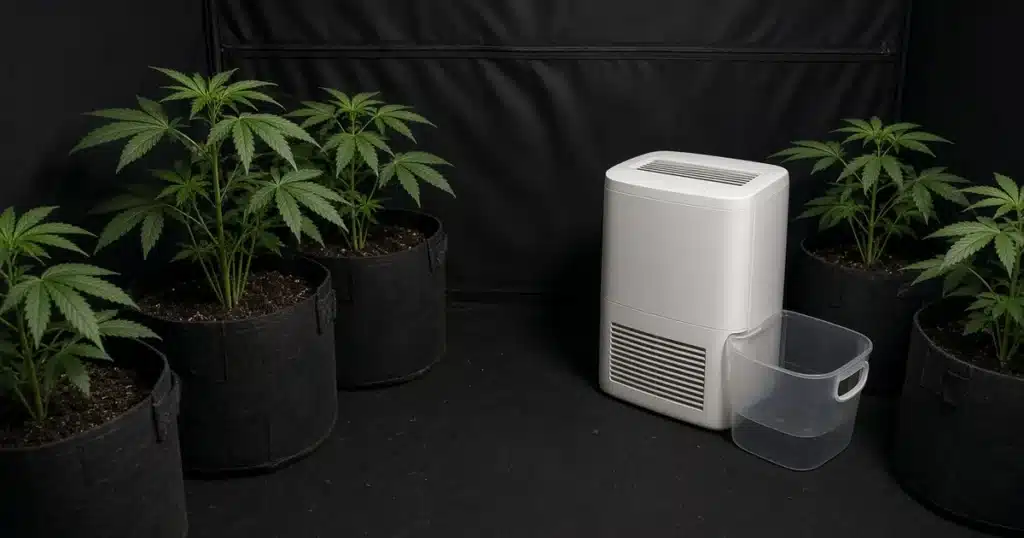 Portable dehumidifier with its water bucket pulled out beside potted cannabis plants inside a tent