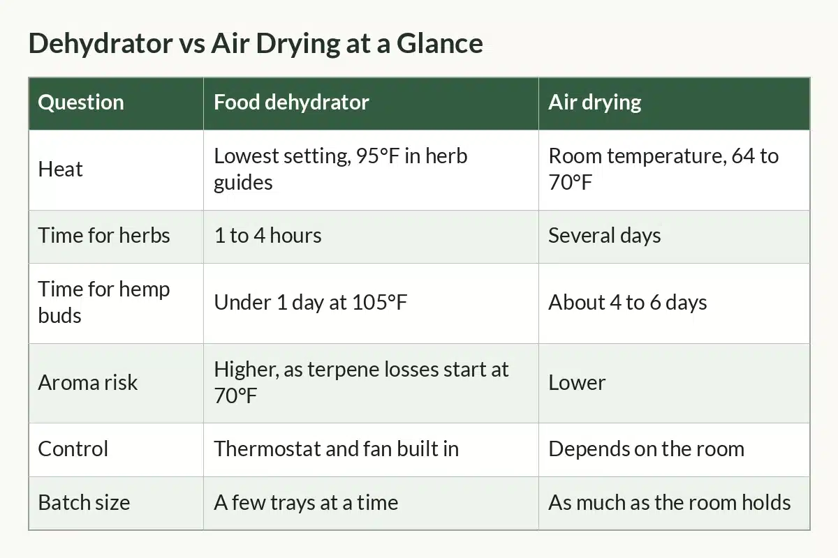 Table graphic of Dehydrator vs Air Drying at a Glance with columns Question, Food dehydrator, Air drying and 6 rows