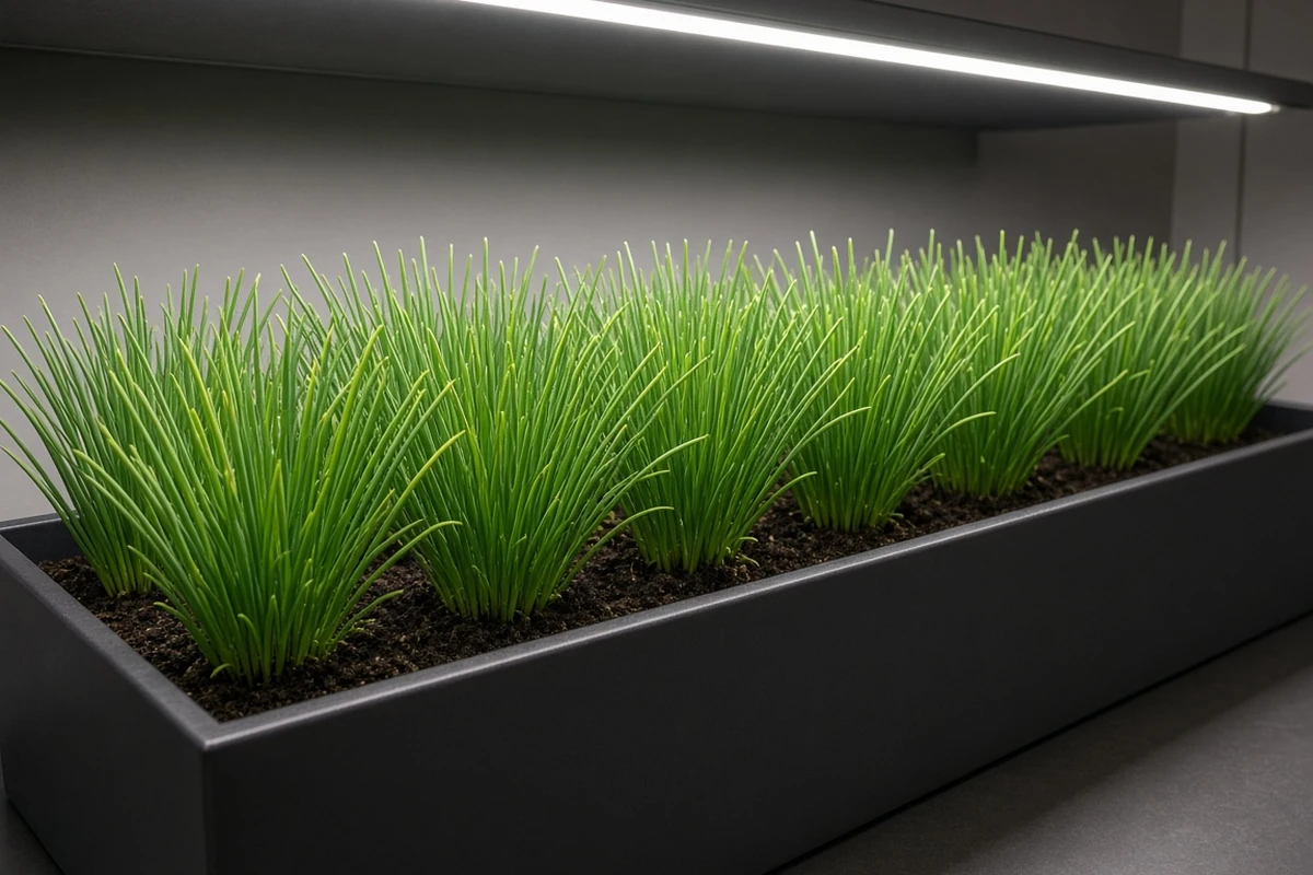 Dense chive tufts in a long planter under an LED strip