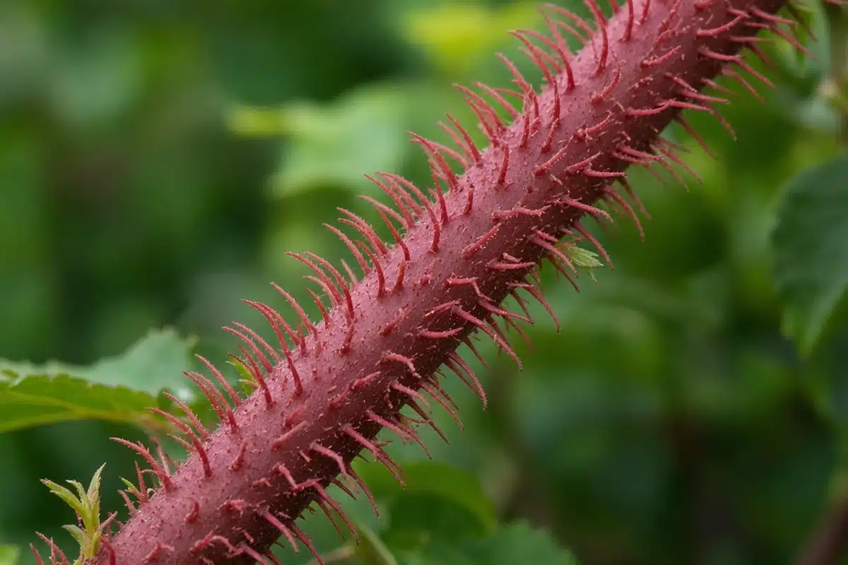 Dense soft thorns on a red rose stem