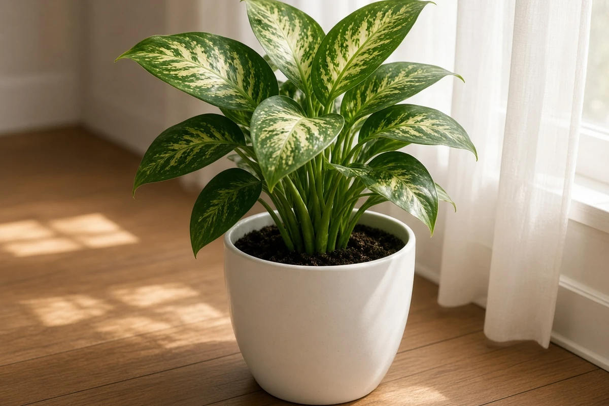 Dieffenbachia in a pot beside a bright window