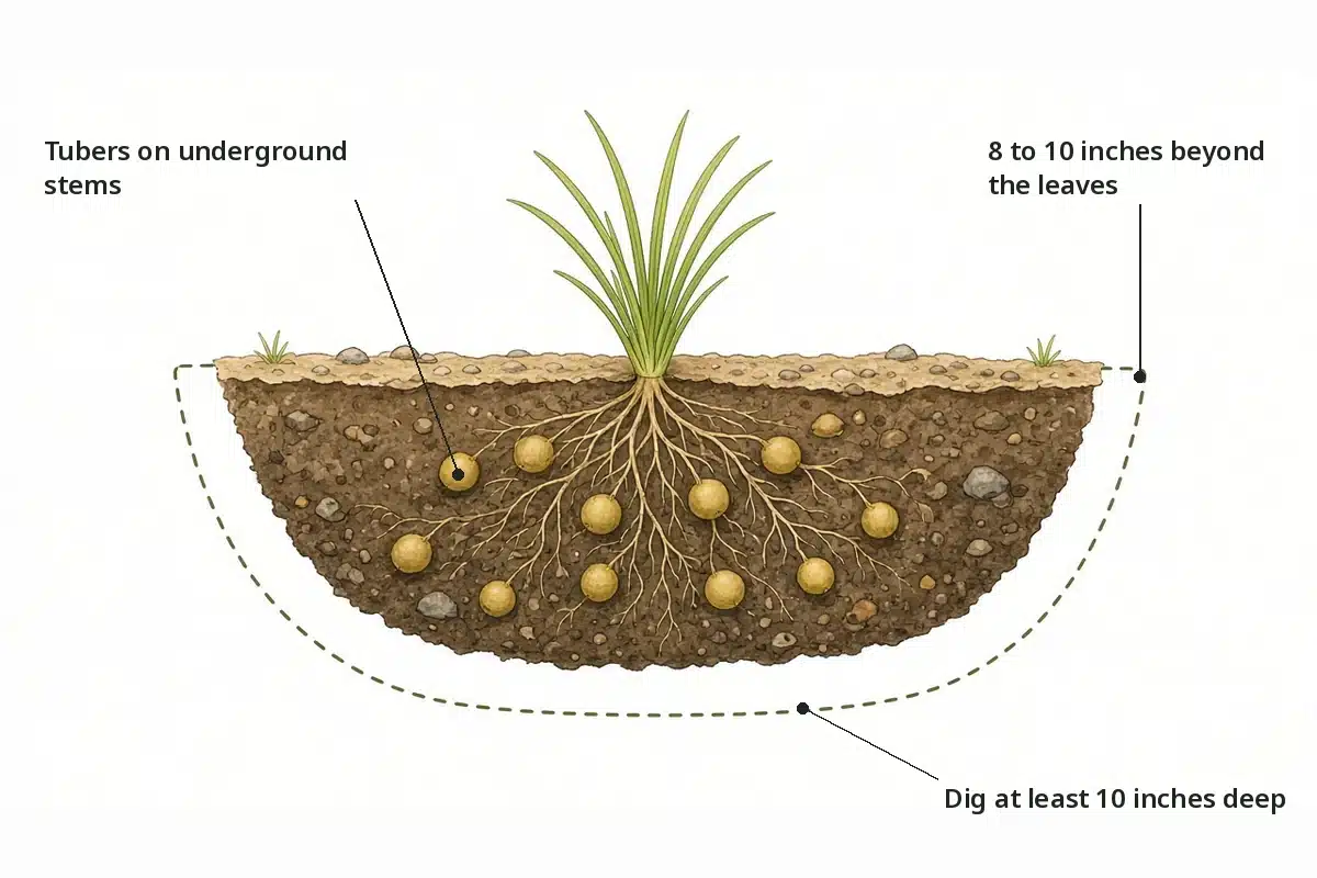 Side view of digging out a nutsedge plant at least 10 inches deep and 8 to 10 inches beyond its leaves to remove the tubers