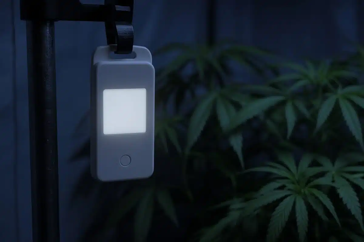 Digital thermometer inside a dark cannabis grow tent during the cooler night period