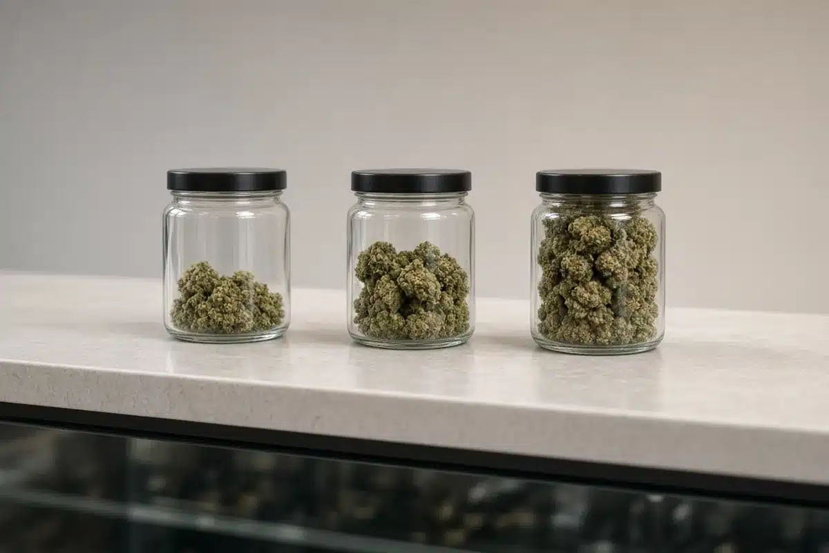 Dispensary counter with glass jars of buds