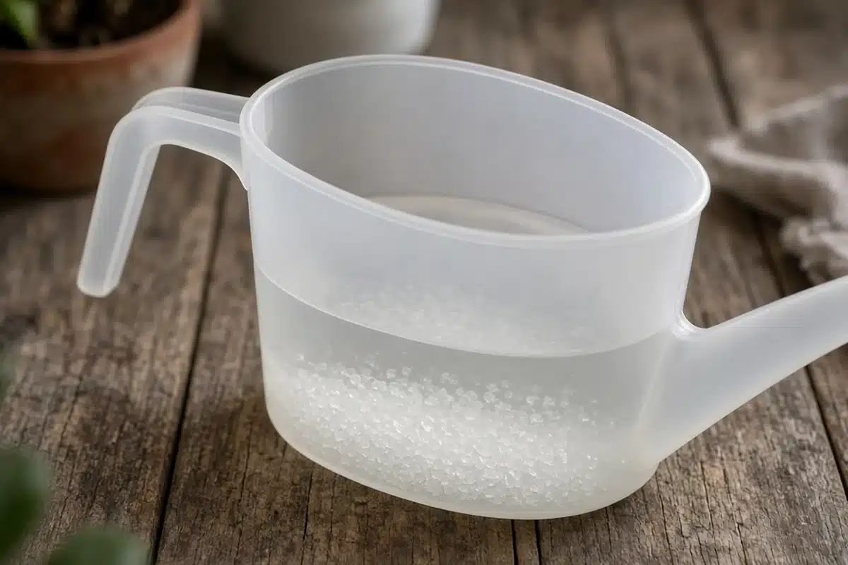 White potash crystals dissolving in clear water inside a plastic watering can on a potting bench