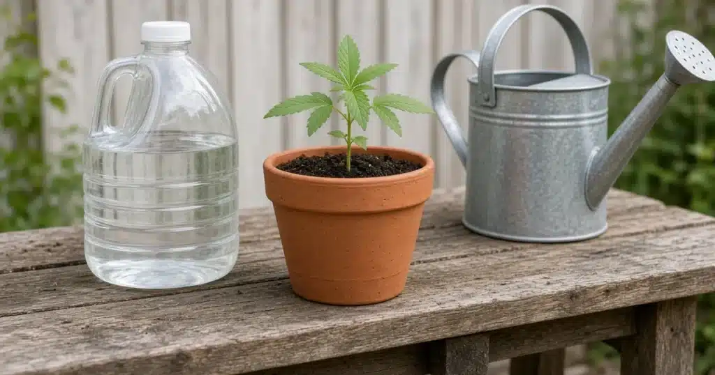 Clear jug of distilled water beside a terracotta pot holding a cannabis seedling and a watering can on a wooden potting bench