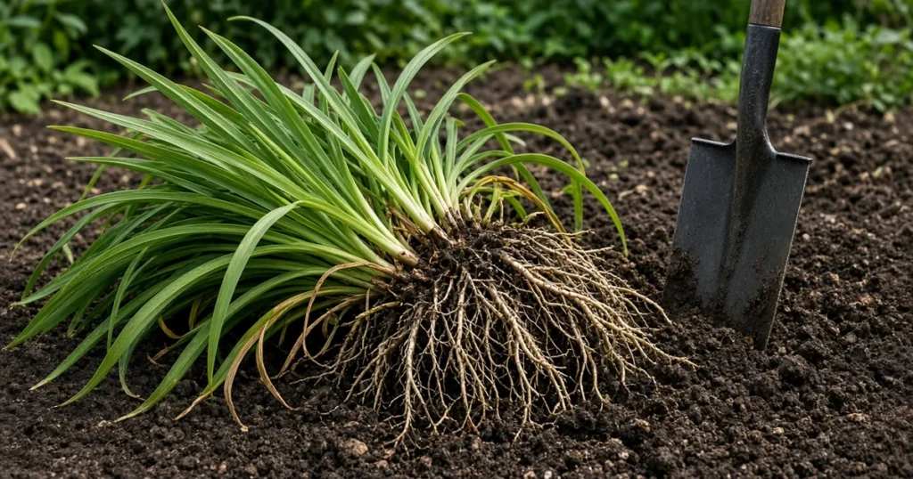 Clump of daylilies lifted from the soil beside a spade