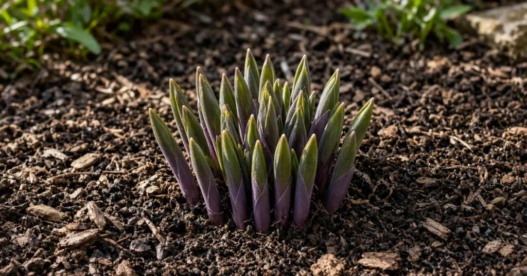 Hosta clump with pointed shoots emerging in spring