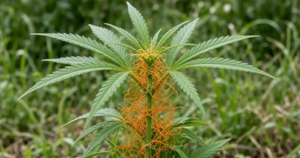 Tangle of leafless yellow to orange dodder threads wrapped around a cannabis plant stem