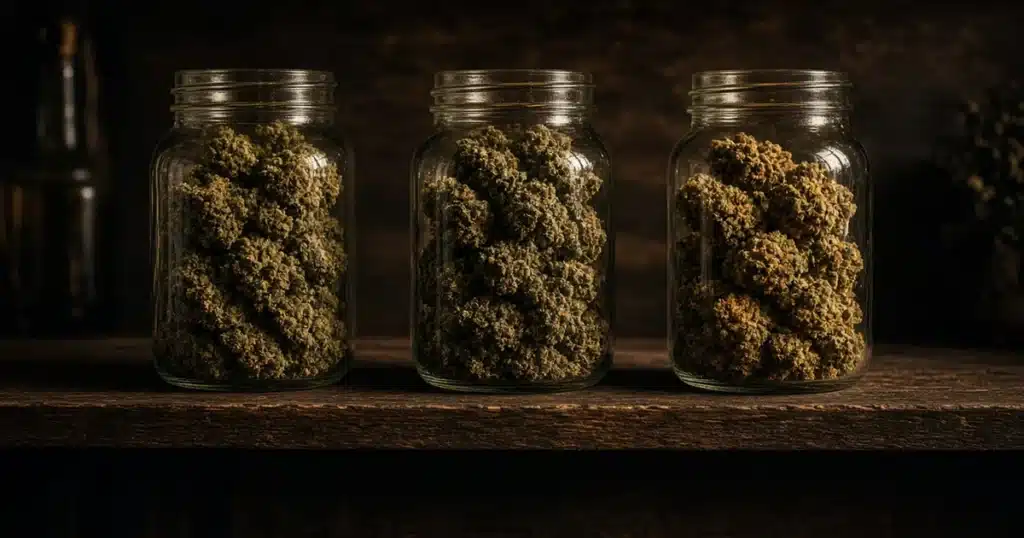 Glass jars of dried cannabis flower stored on a shelf