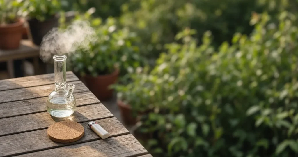 Cloud of smoke drifting above a glass bong on a table