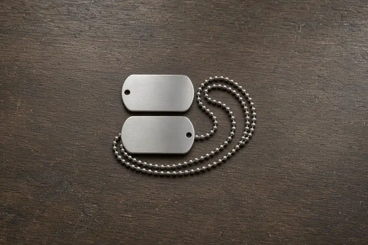Blank dog tags on a wooden table