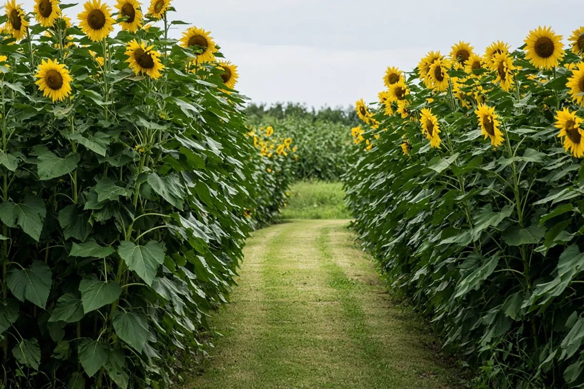 Doorway gap in a row of tall sunflowers