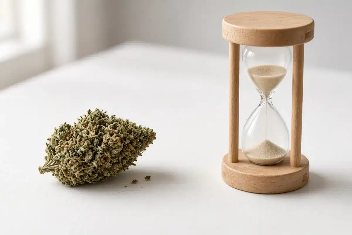 Dried cannabis bud next to a small hourglass