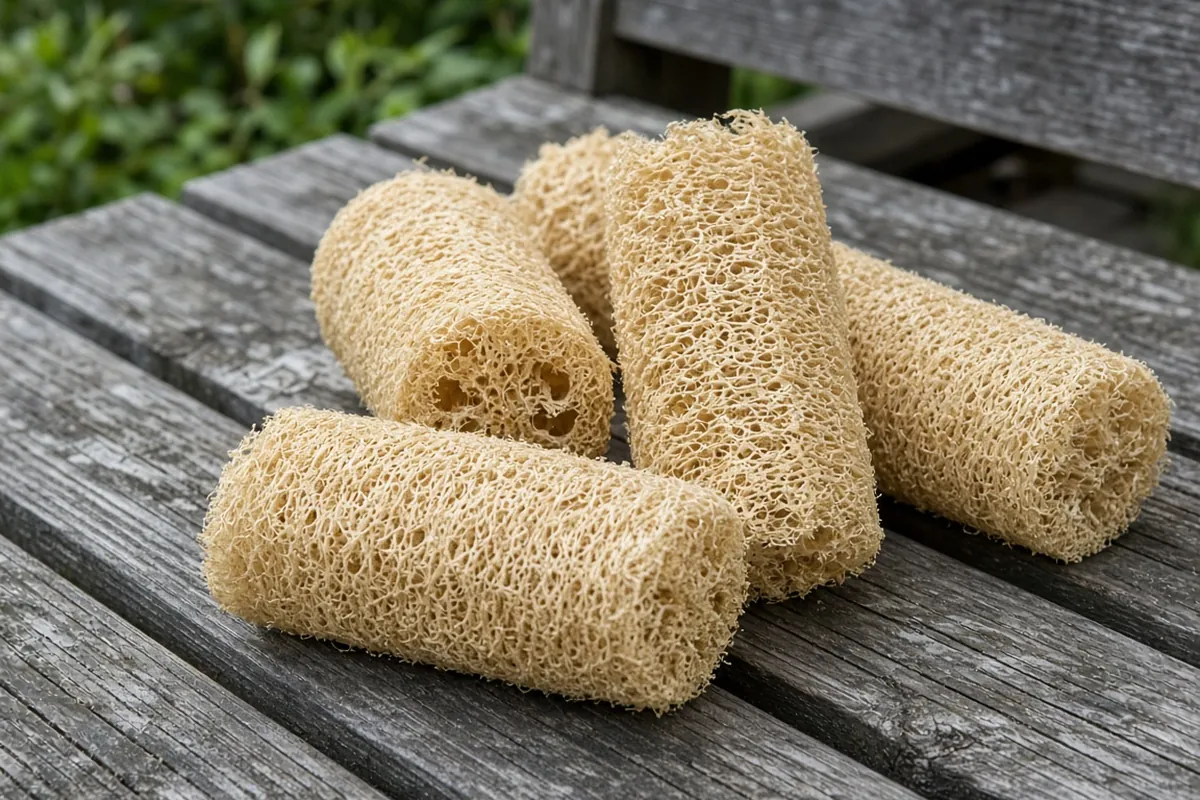 Dried loofah sponges on a wooden surface