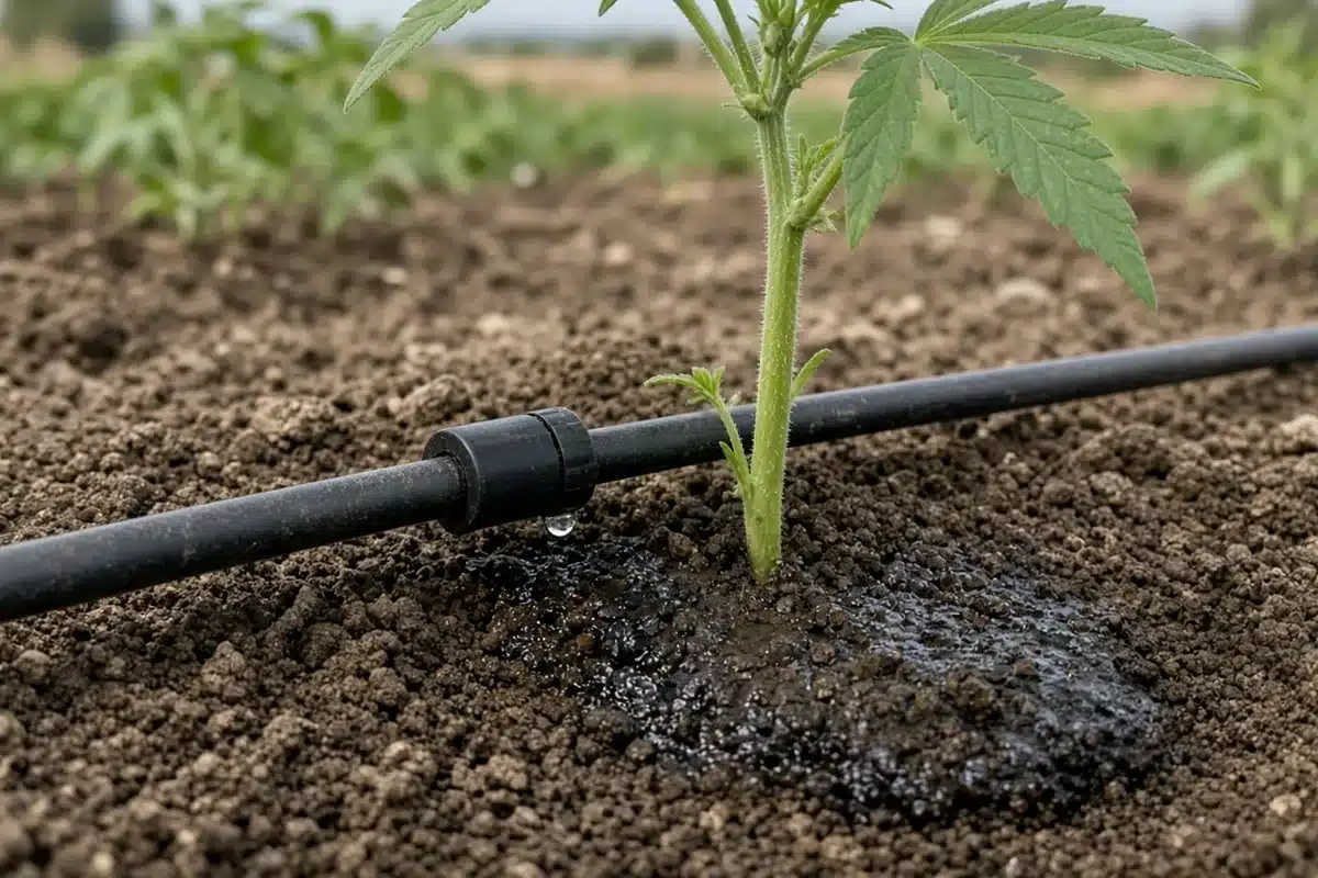 Drip emitter wetting the soil beside the stem of a young outdoor cannabis plant