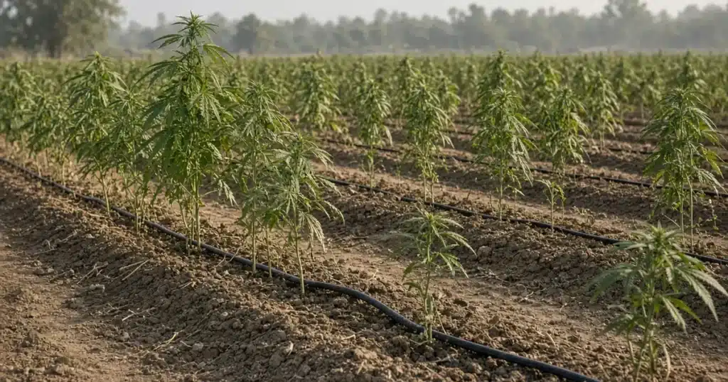 Rows of outdoor cannabis plants with drip tape running along their base