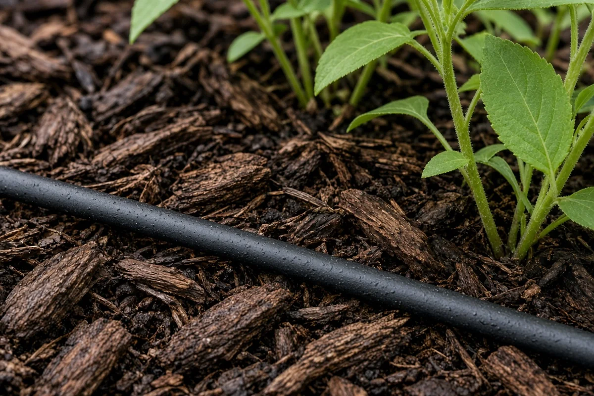 Drip irrigation line under mulch