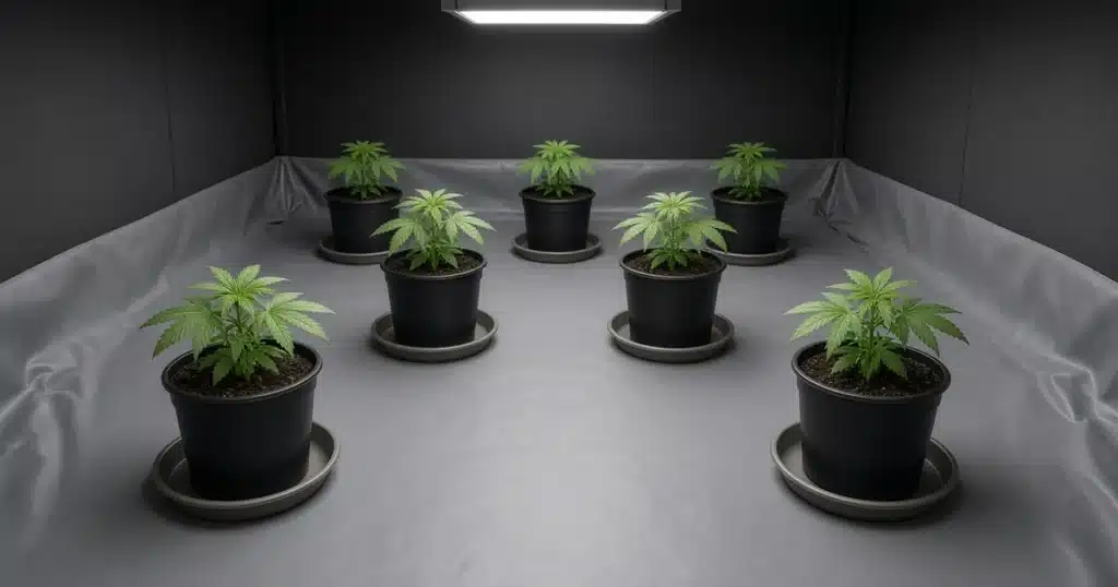 Cannabis plants in pots sitting on removable drip trays above a waterproof grow room floor liner