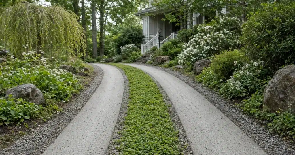 Ribbon driveway with low green plants in the center strip
