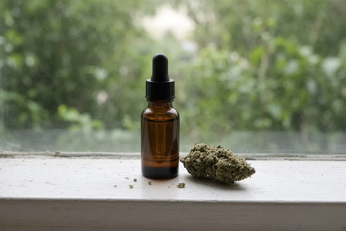 Dropper bottle of cannabis tincture beside a bud