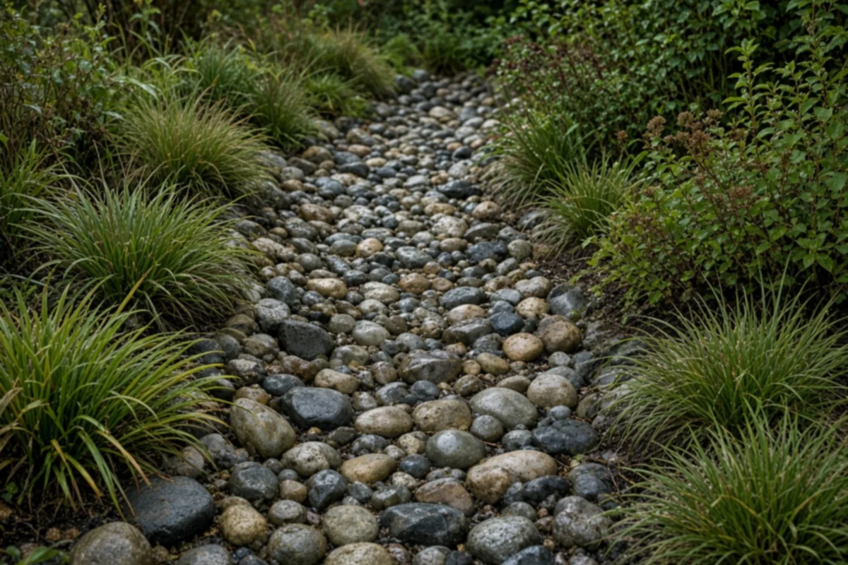 Dry creek bed of river stones winding between grasses