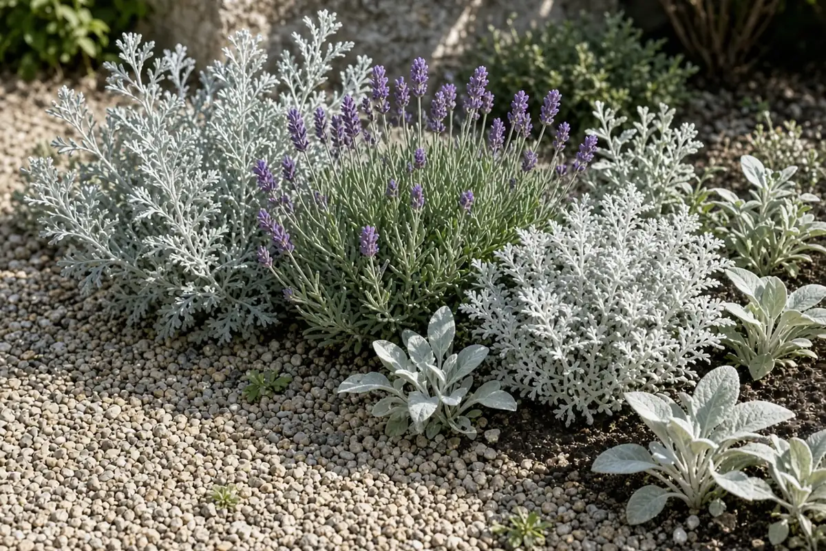 Dry garden border with silver foliage plants