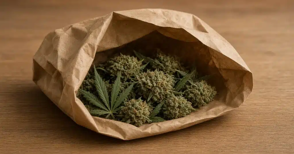 Brown paper bag folded open on a table with a single layer of trimmed cannabis buds inside