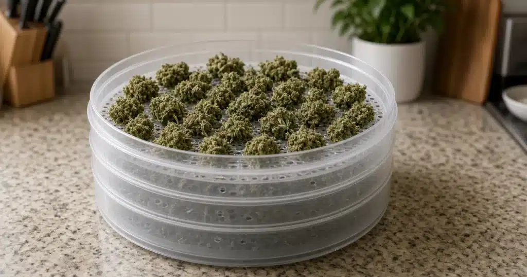 Round food dehydrator with the lid off on a kitchen counter and trays holding trimmed cannabis buds in a single layer